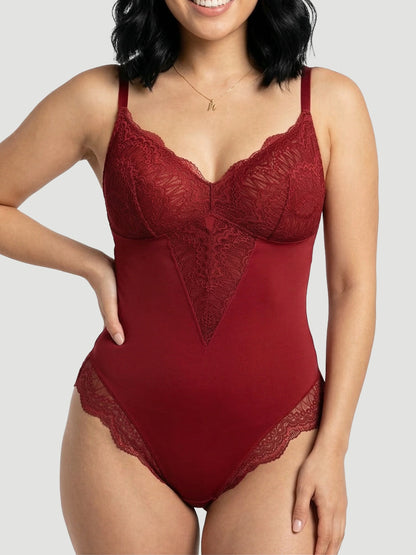 Plunging Lace Bodysuit Shaping Thong